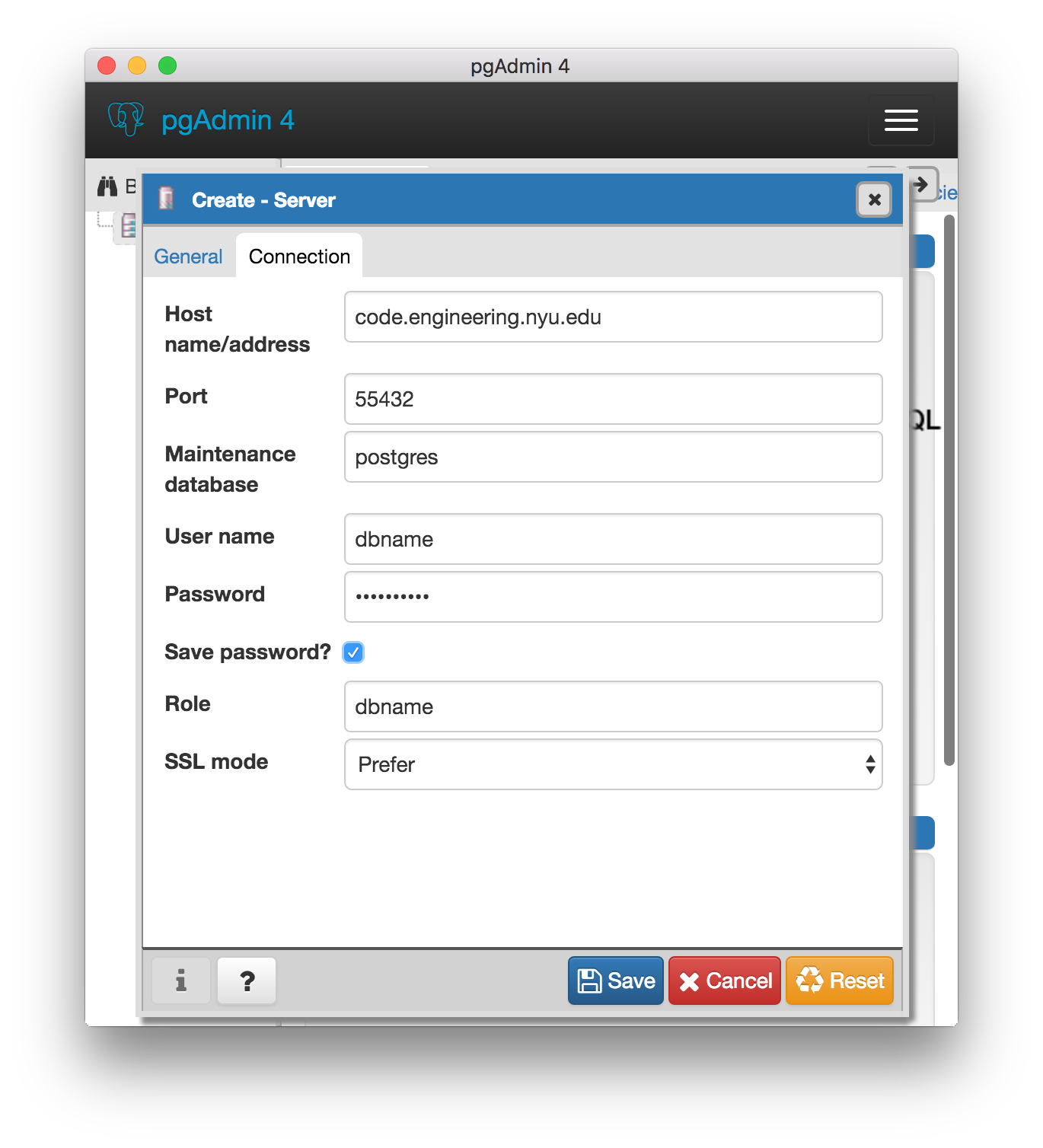pgAdmin 4 connection details
